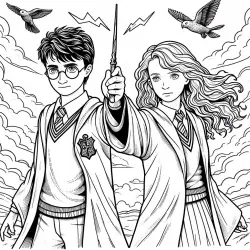 Harry Potter s kouzelnickou hůlkou a Hermionou