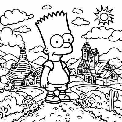 Omalovánky Bart Simpson stojí na kopečku u vesnice